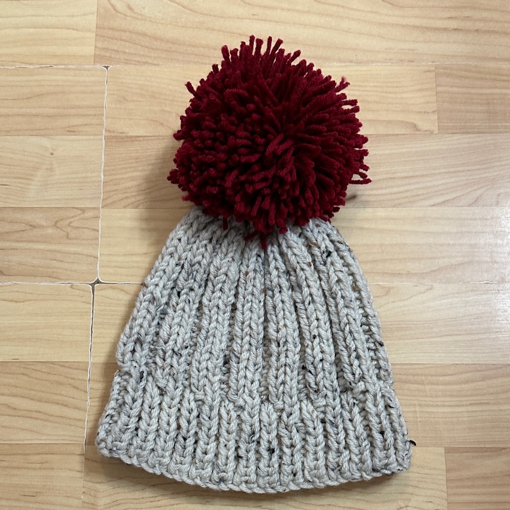 Cozy Knit Beanie with Giant Pom Pom - Red and Gray